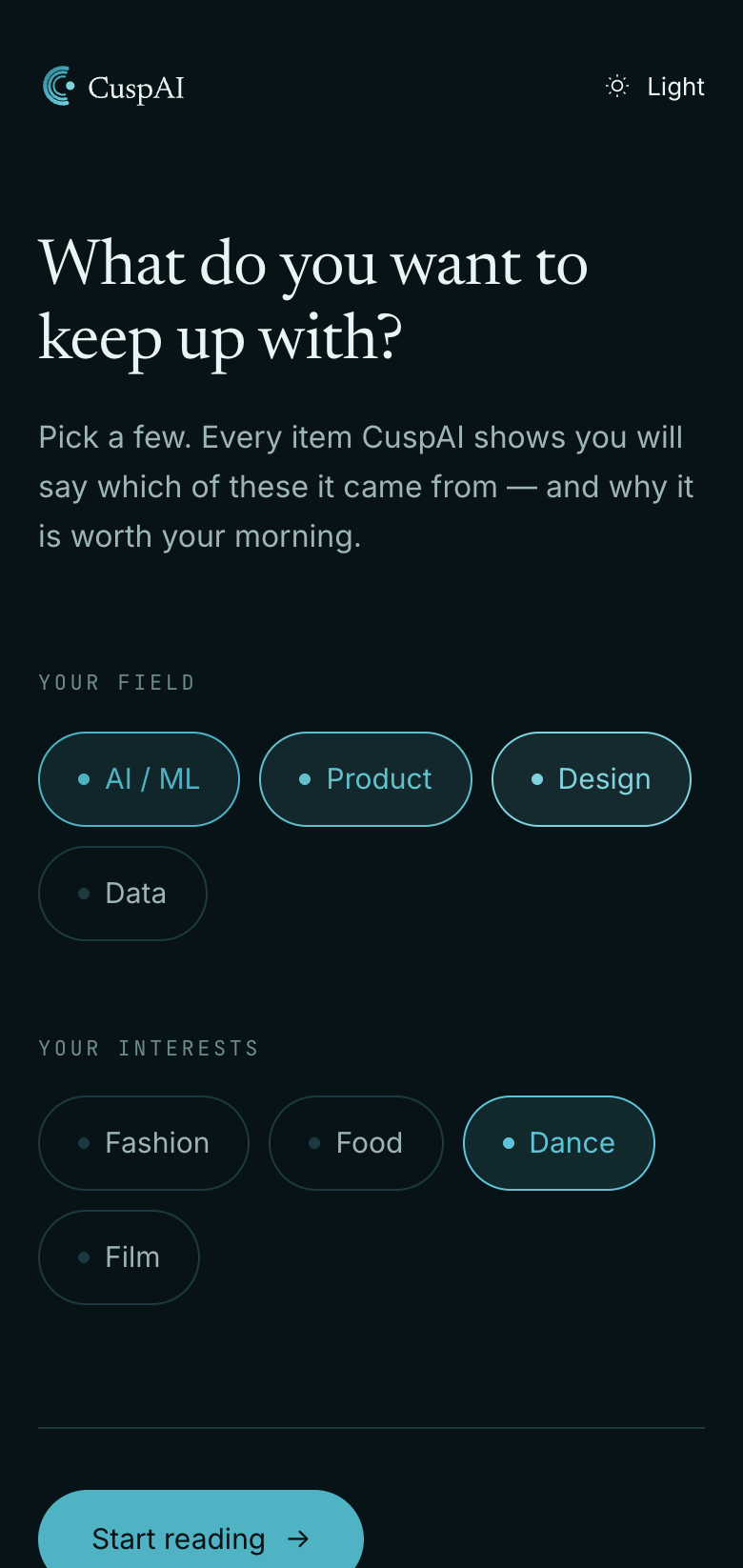 CuspAI asking what you want to keep up with, with your industry and your interests offered as chips.