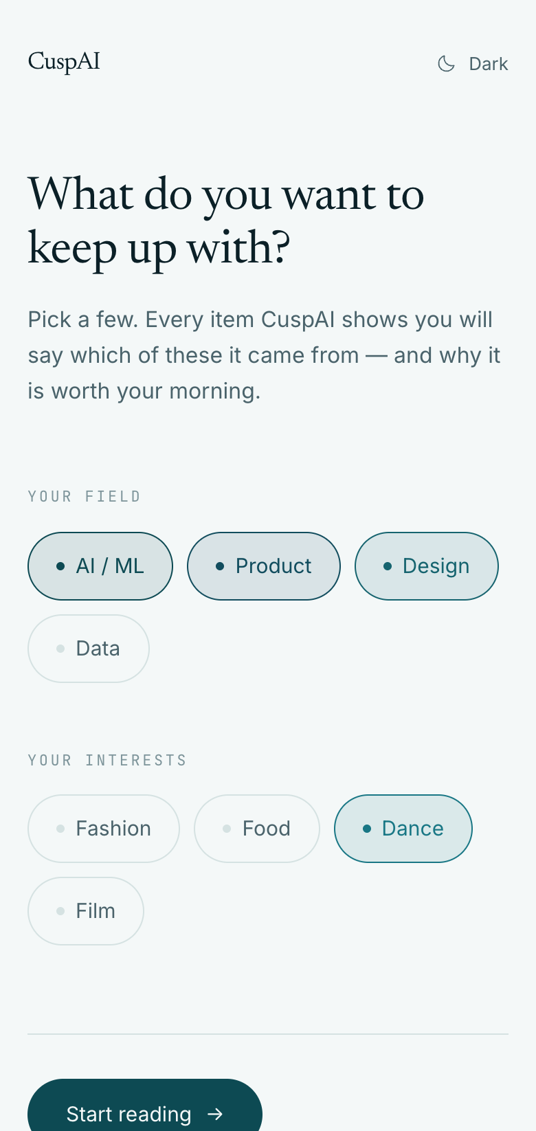 CuspAI asking what you want to keep up with, with your field and your interests offered as chips.
